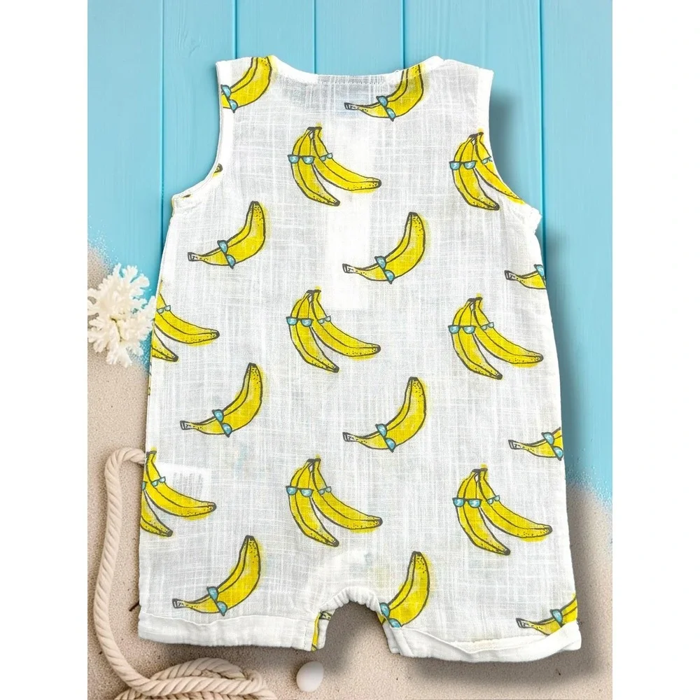 Andy & Evan Banana Print Cotton Gauze Romper and Hat Set Kids 3-6M